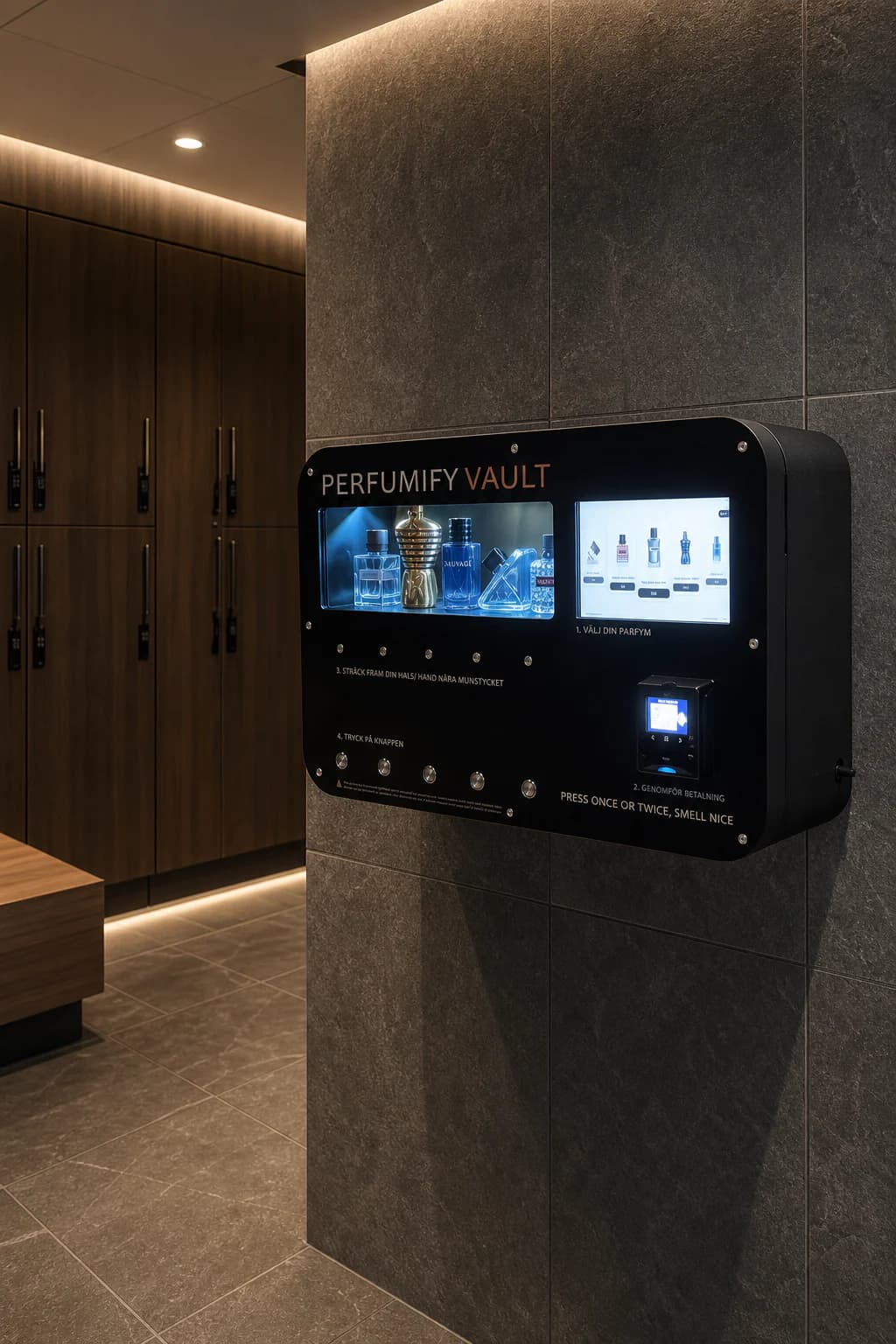 Perfumify Vault perfume machine in a premium gym changing suite
